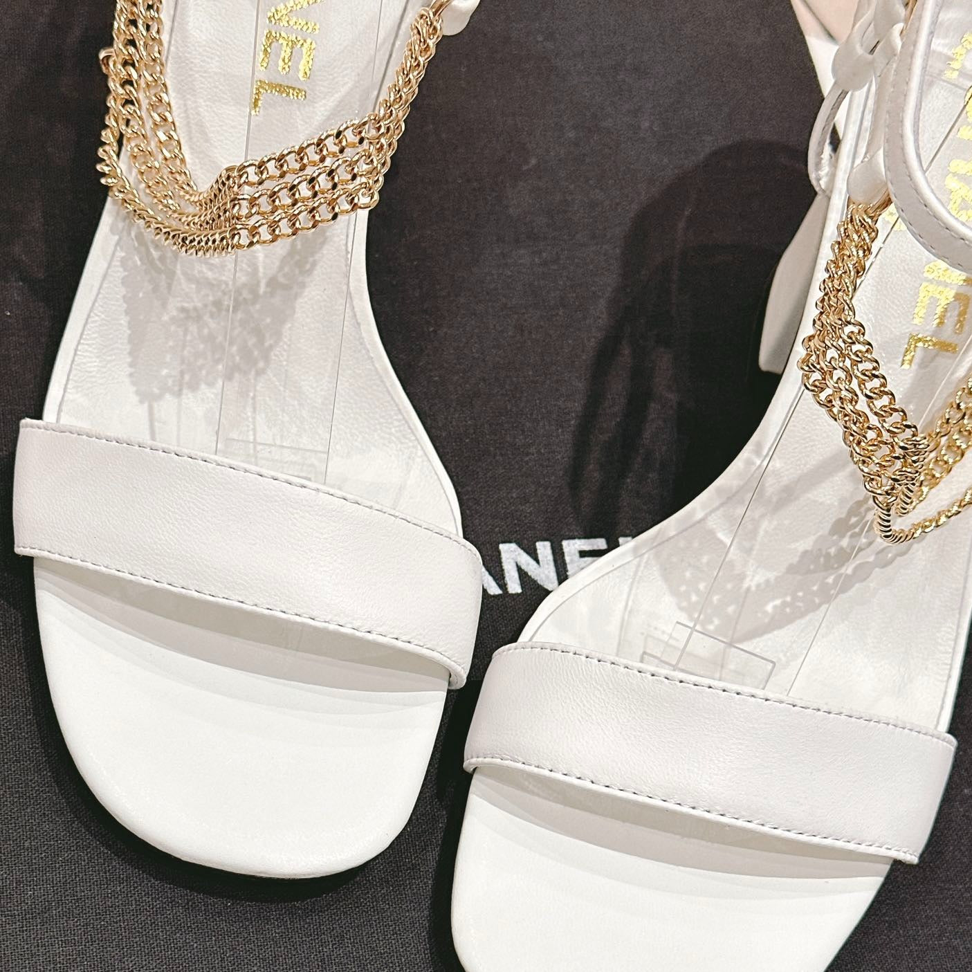 CHANEL Double C Leather High Heel Sandals White
