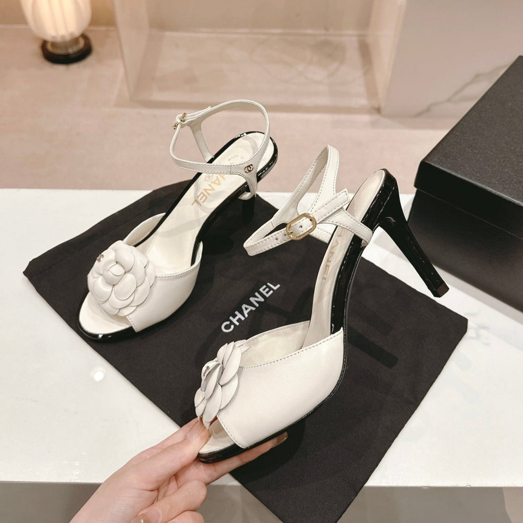 CHANEL Double C New Camellia High Heel Sandals White