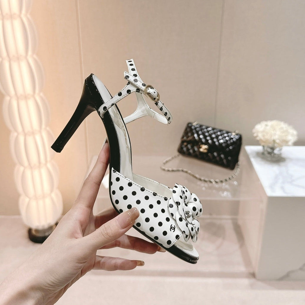 CHANEL Double C New Camellia High Heel Sandals White/ Black Caro