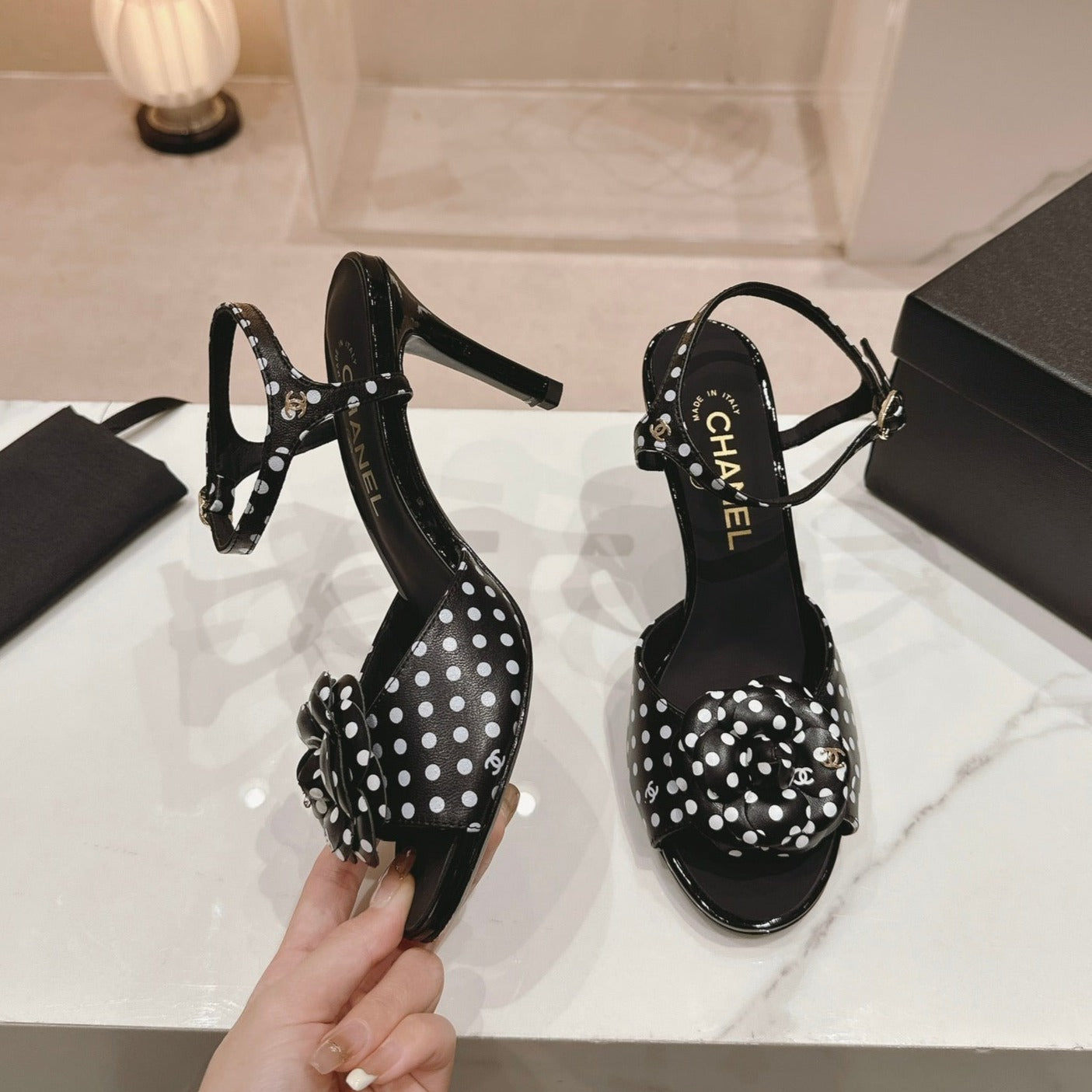 CHANEL Double C New Camellia High Heel Sandals Black/ White Caro