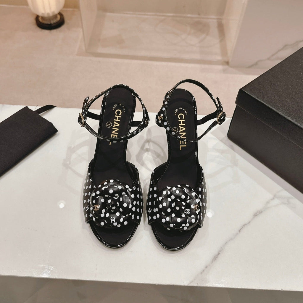 CHANEL Double C New Camellia High Heel Sandals Black/ White Caro