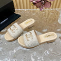 CHANEL PLATFORM SLIPPERS IN LIGHT GREY TWEED AND LAMBSKIN
