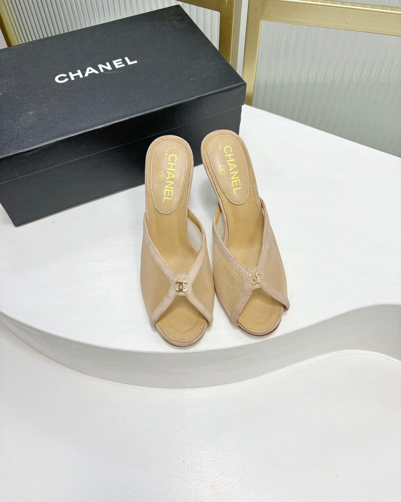 CHANEL HIGH HEEL PEEP TOE IN BEIGE CREAM BREATHABLE MESH