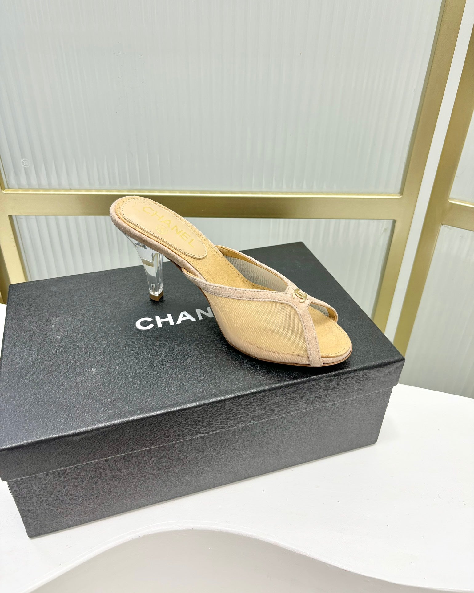 CHANEL HIGH HEEL PEEP TOE IN BEIGE CREAM BREATHABLE MESH