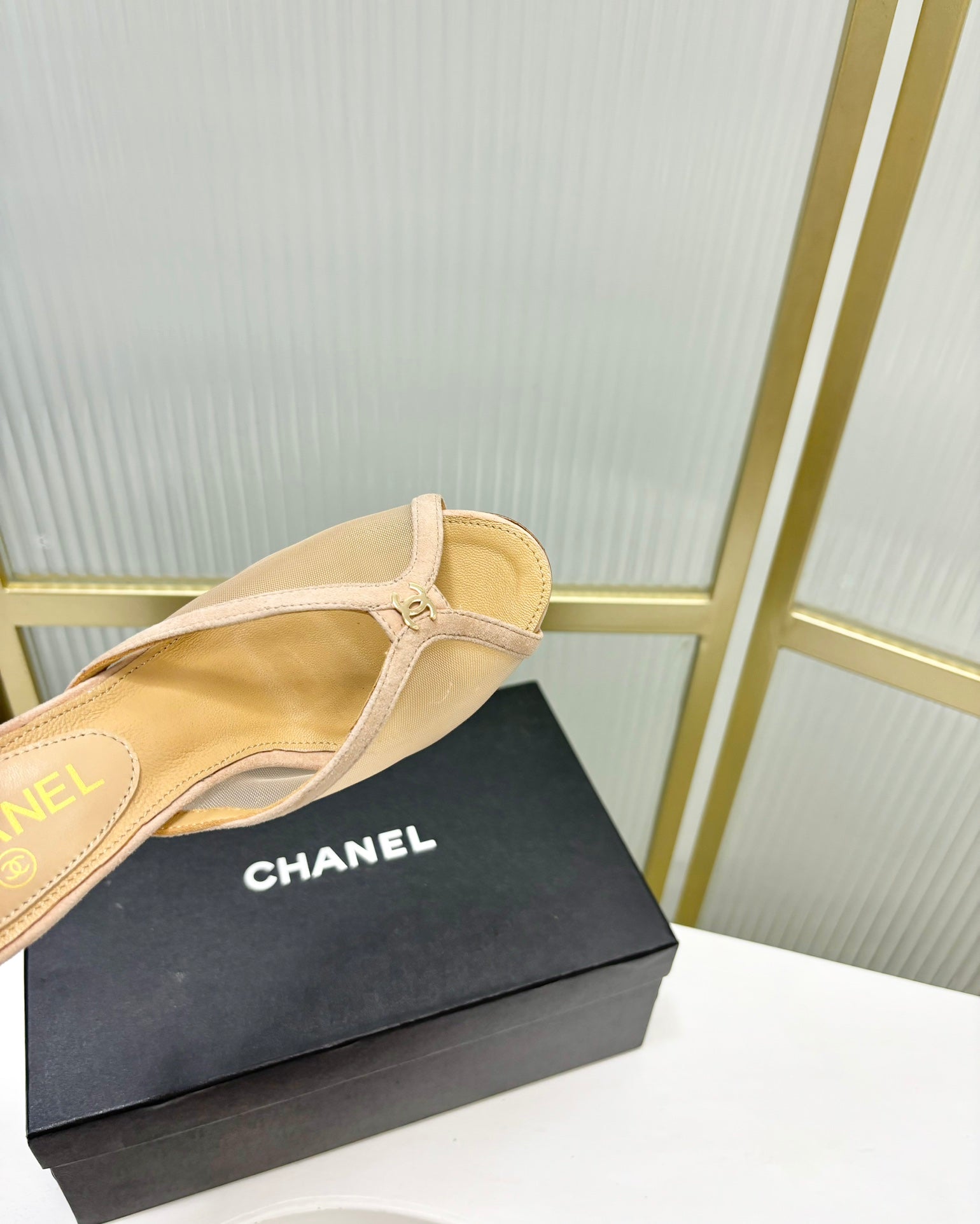 CHANEL HIGH HEEL PEEP TOE IN BEIGE CREAM BREATHABLE MESH