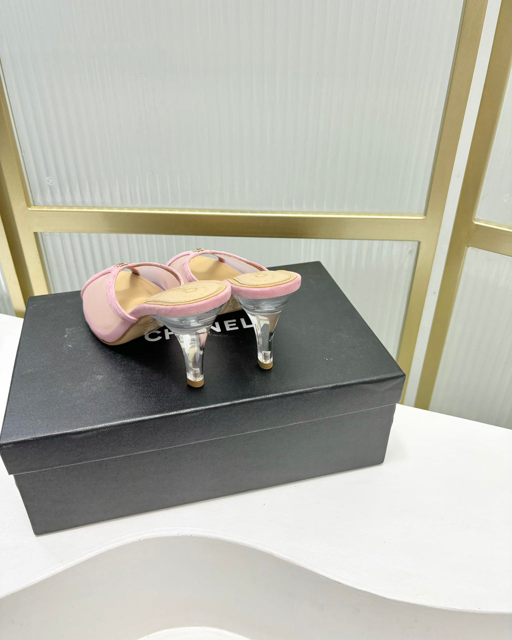 CHANEL HIGH HEEL PEEP TOE IN LIGHT PINK BREATHABLE MESH