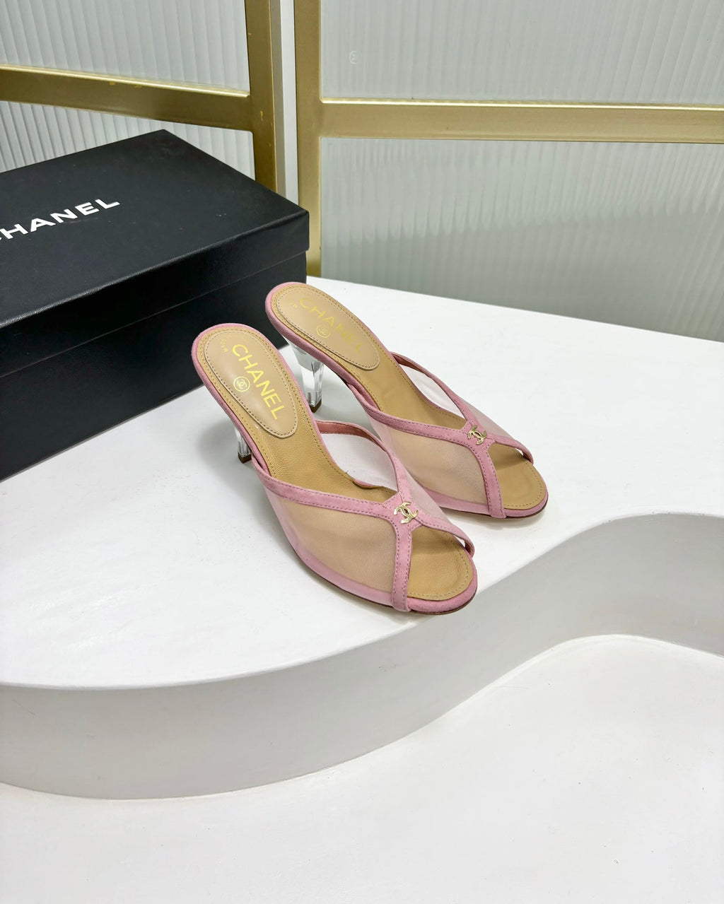 CHANEL HIGH HEEL PEEP TOE IN LIGHT PINK BREATHABLE MESH