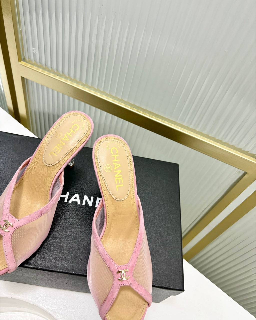 CHANEL HIGH HEEL PEEP TOE IN LIGHT PINK BREATHABLE MESH