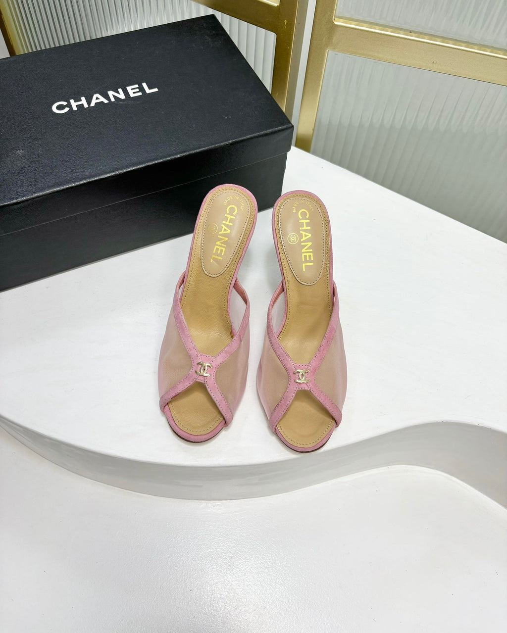 CHANEL HIGH HEEL PEEP TOE IN LIGHT PINK BREATHABLE MESH