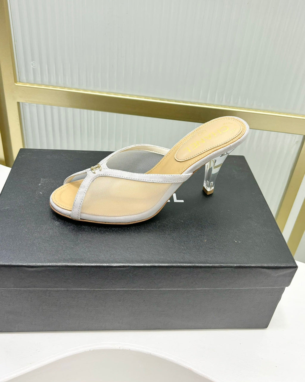 CHANEL HIGH HEEL PEEP TOE IN WHITE BREATHABLE MESH