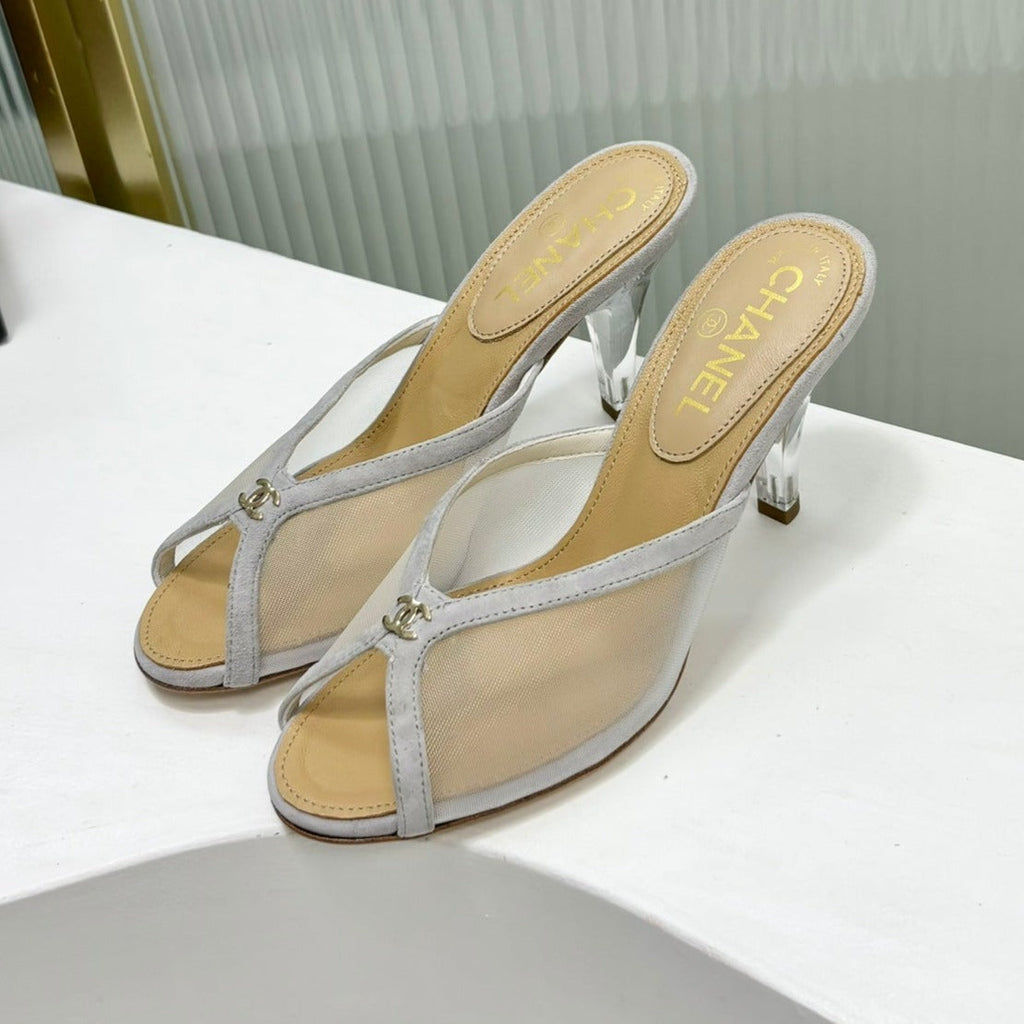 CHANEL HIGH HEEL PEEP TOE IN WHITE BREATHABLE MESH