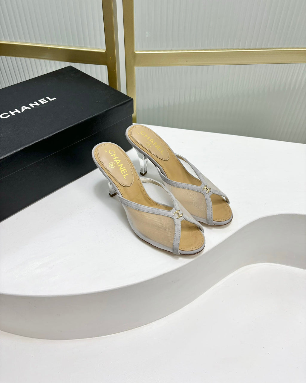 CHANEL HIGH HEEL PEEP TOE IN WHITE BREATHABLE MESH