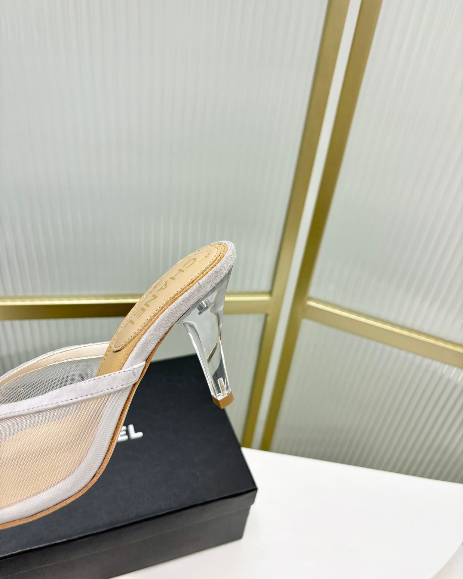 CHANEL HIGH HEEL PEEP TOE IN WHITE BREATHABLE MESH