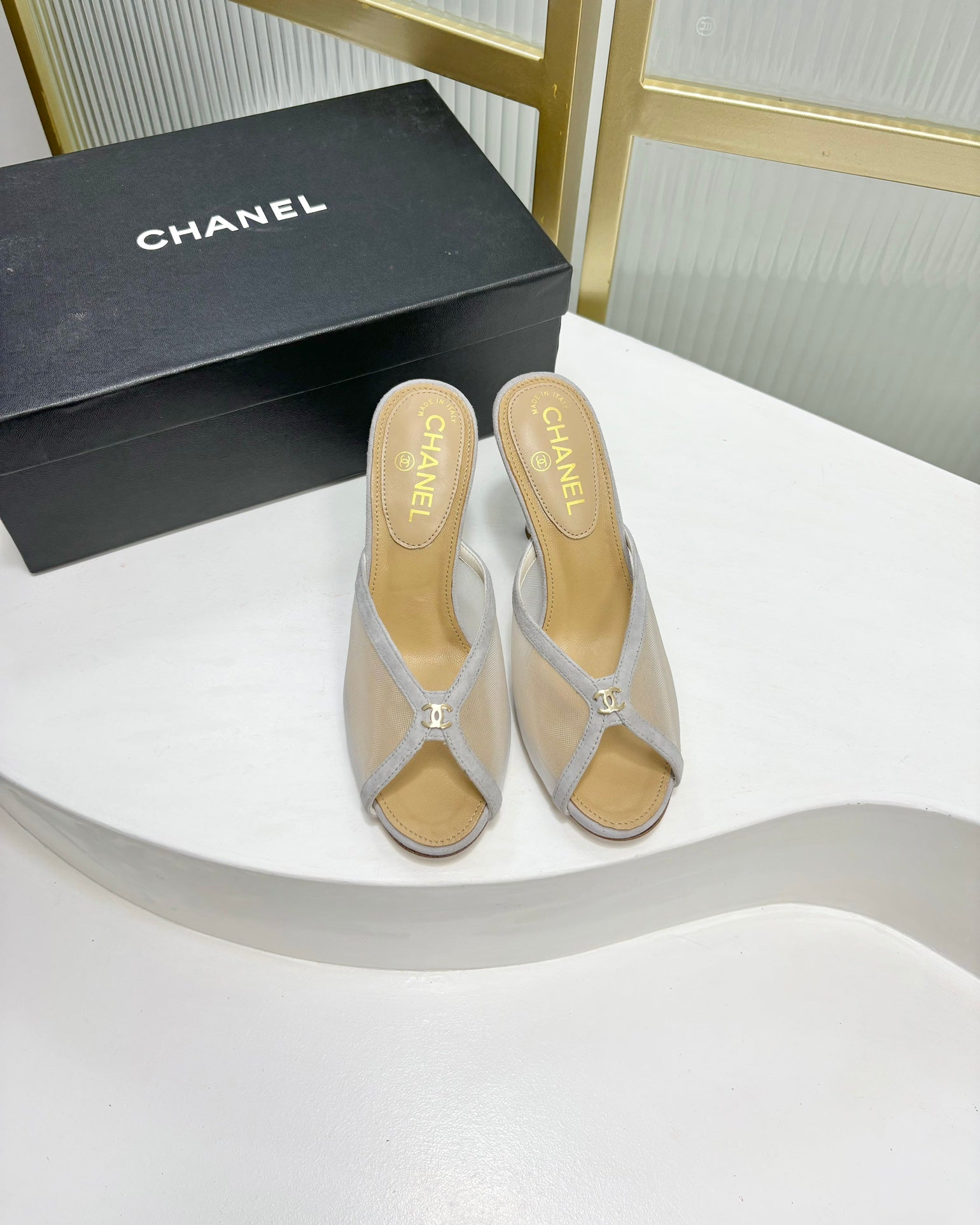 CHANEL HIGH HEEL PEEP TOE IN WHITE BREATHABLE MESH