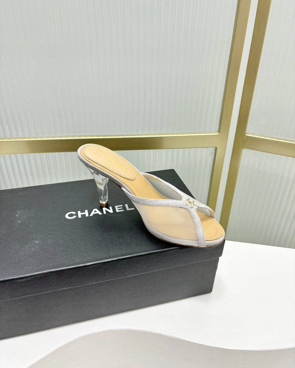 CHANEL HIGH HEEL PEEP TOE IN WHITE BREATHABLE MESH
