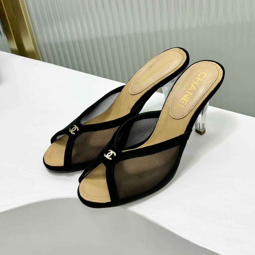 CHANEL HIGH HEEL PEEP TOE IN BLACK BREATHABLE MESH