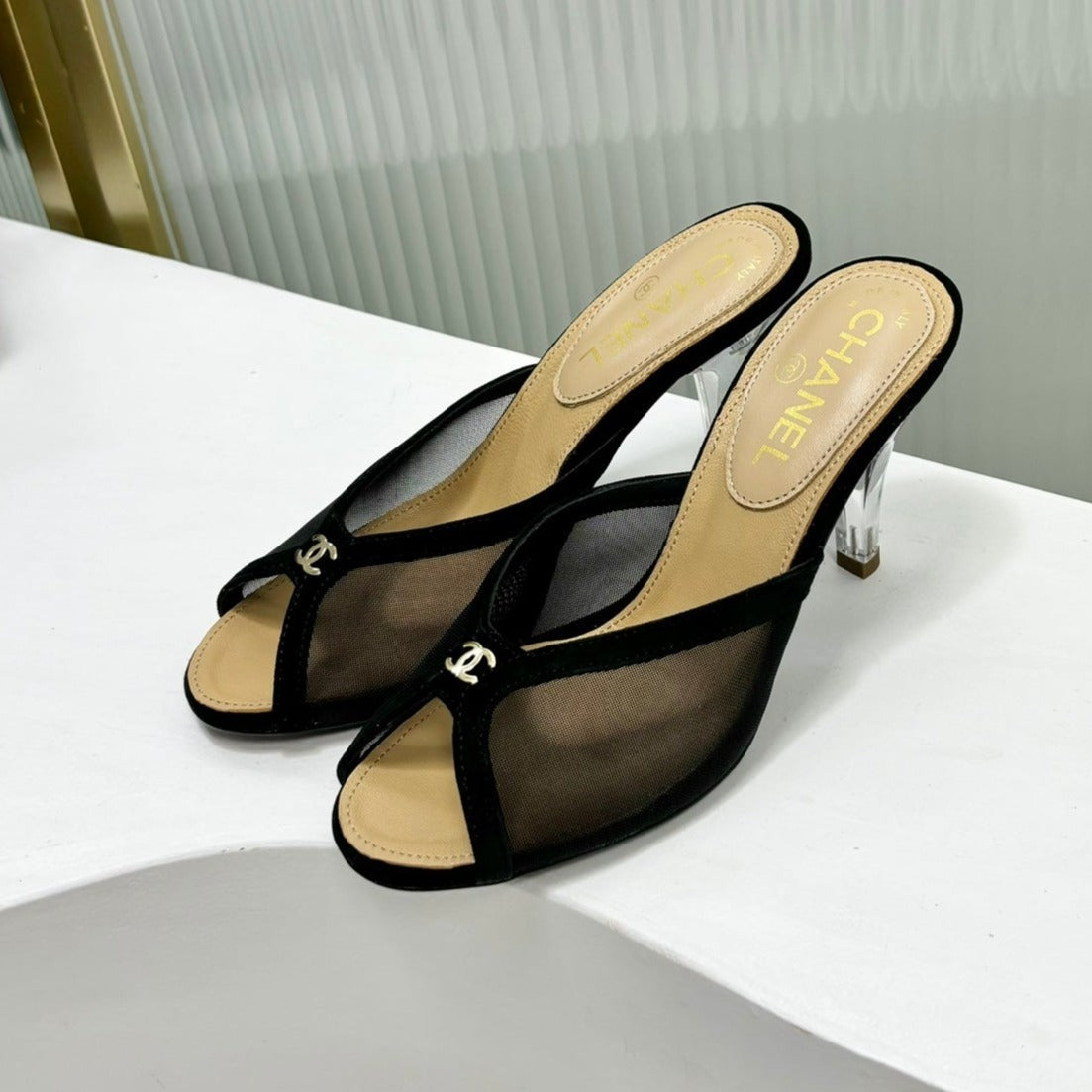 CHANEL HIGH HEEL PEEP TOE IN BLACK BREATHABLE MESH
