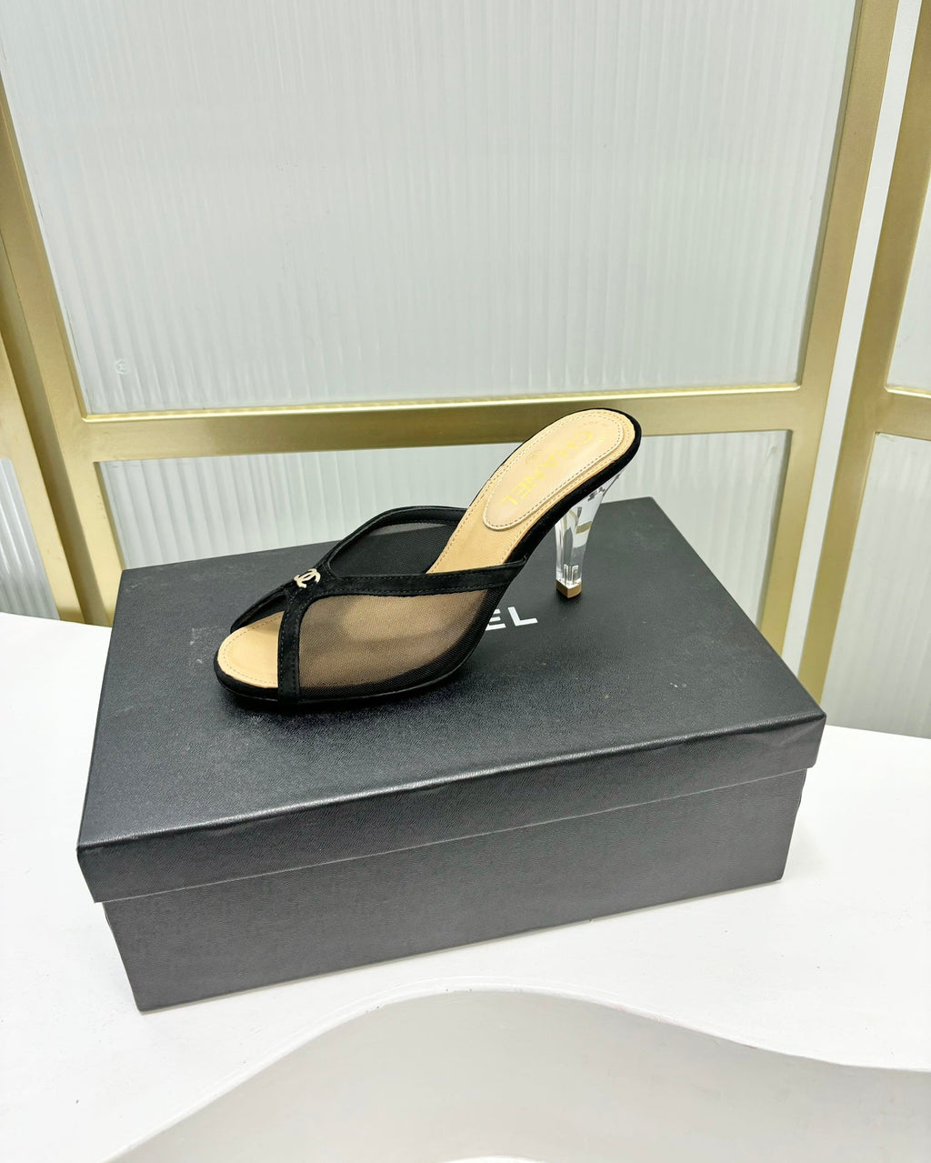 CHANEL HIGH HEEL PEEP TOE IN BLACK BREATHABLE MESH