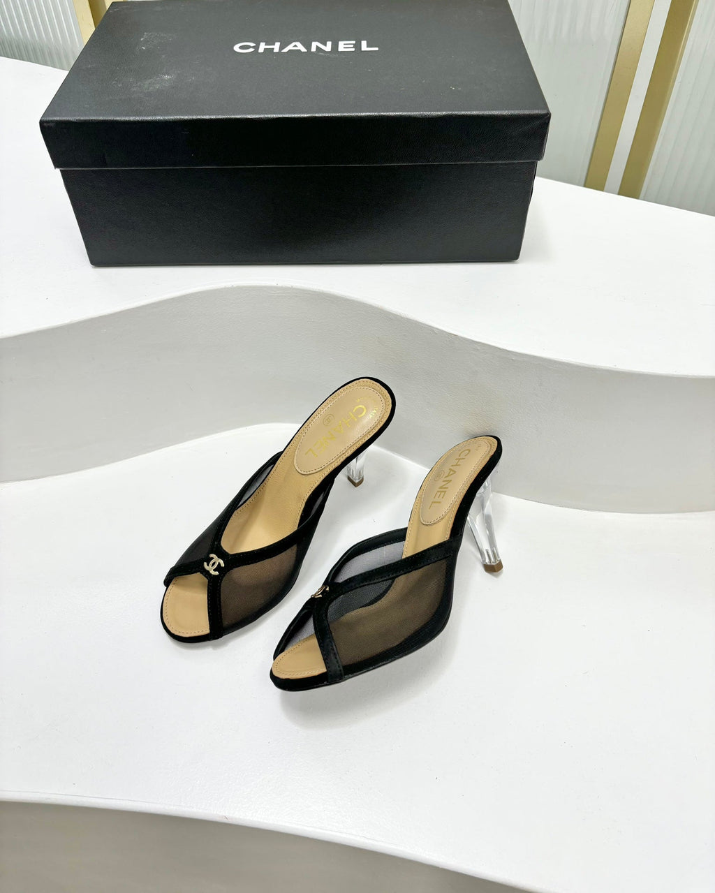 CHANEL HIGH HEEL PEEP TOE IN BLACK BREATHABLE MESH
