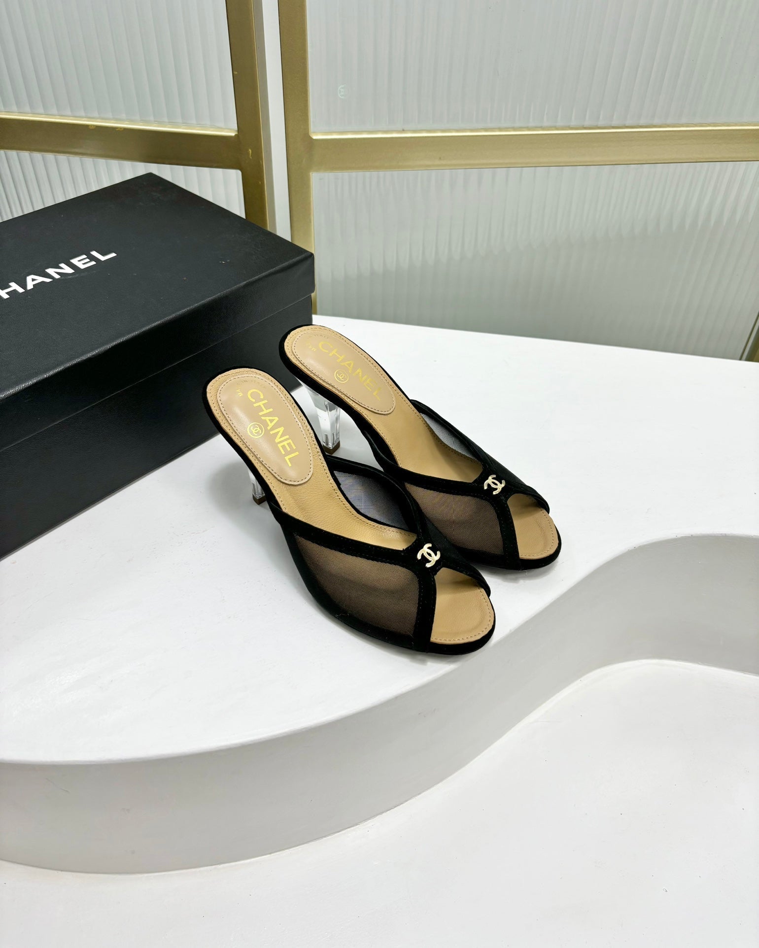 CHANEL HIGH HEEL PEEP TOE IN BLACK BREATHABLE MESH