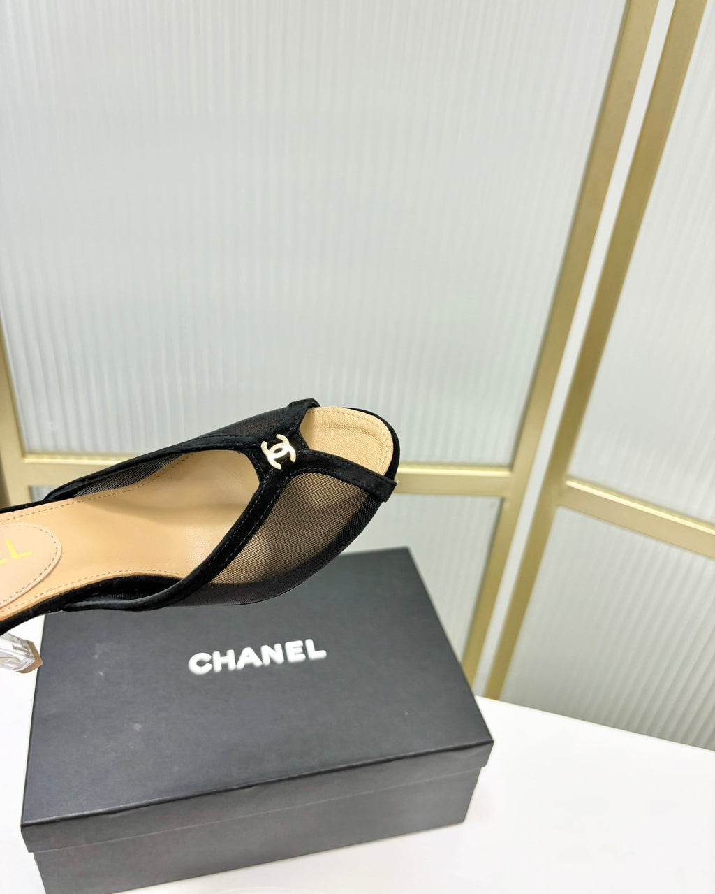 CHANEL HIGH HEEL PEEP TOE IN BLACK BREATHABLE MESH