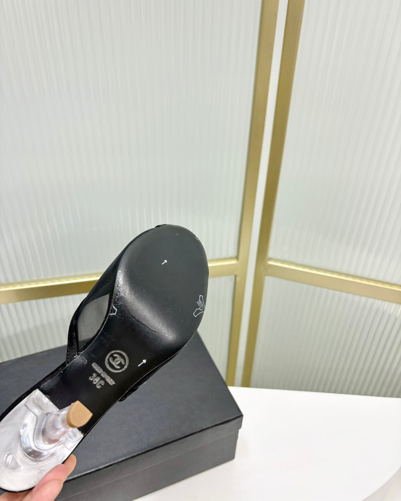 CHANEL HIGH HEEL PEEP TOE IN BLACK BREATHABLE MESH