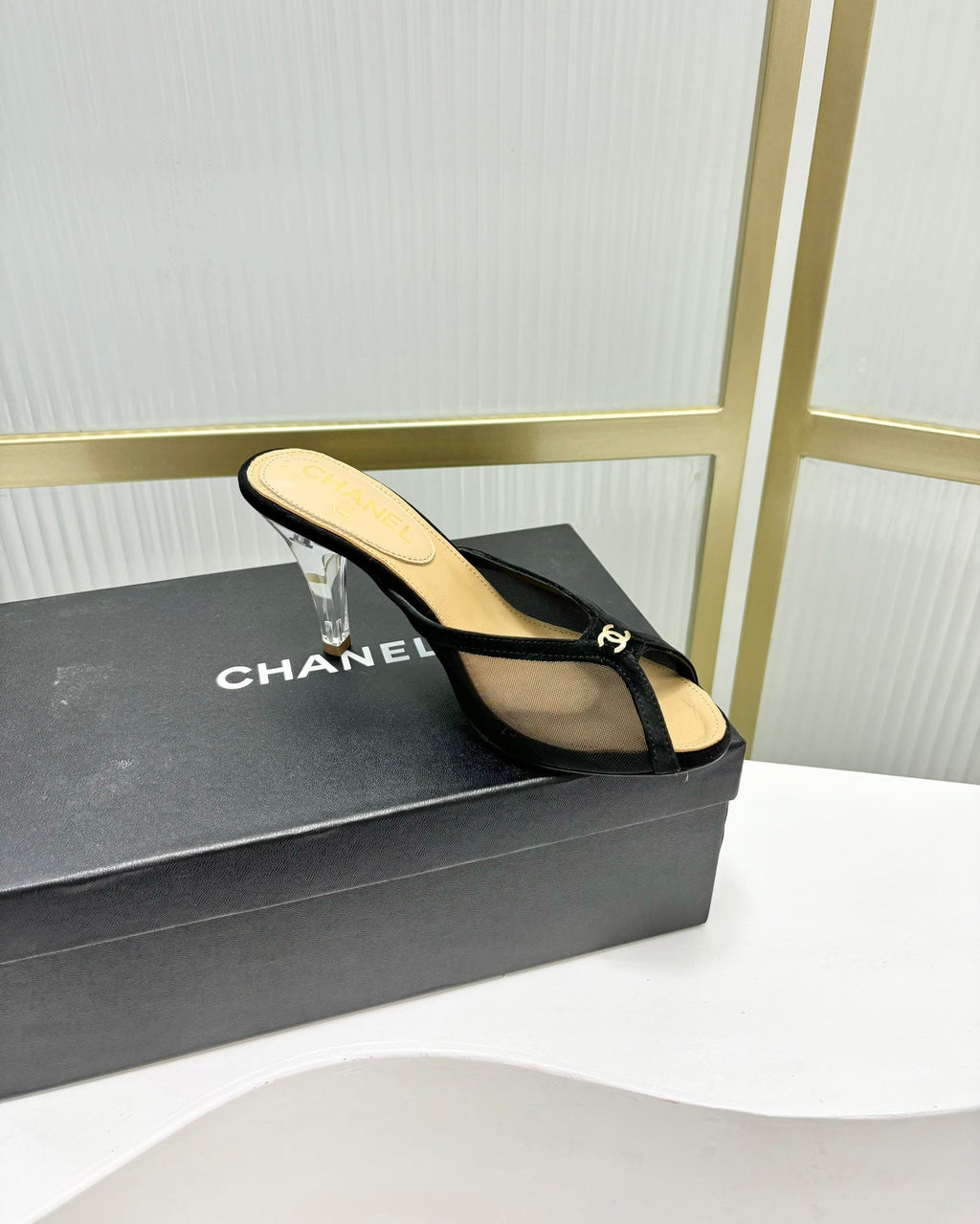 CHANEL HIGH HEEL PEEP TOE IN BLACK BREATHABLE MESH