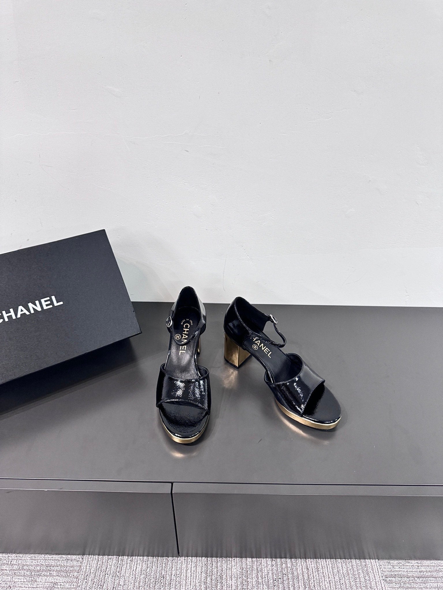 CHANEL BLOCK HEEL SANDALS BLACK SHEEPSKIN