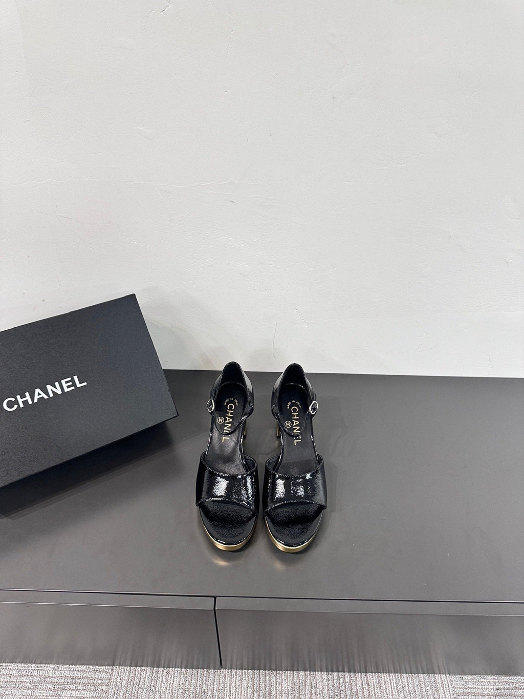 CHANEL BLOCK HEEL SANDALS BLACK SHEEPSKIN