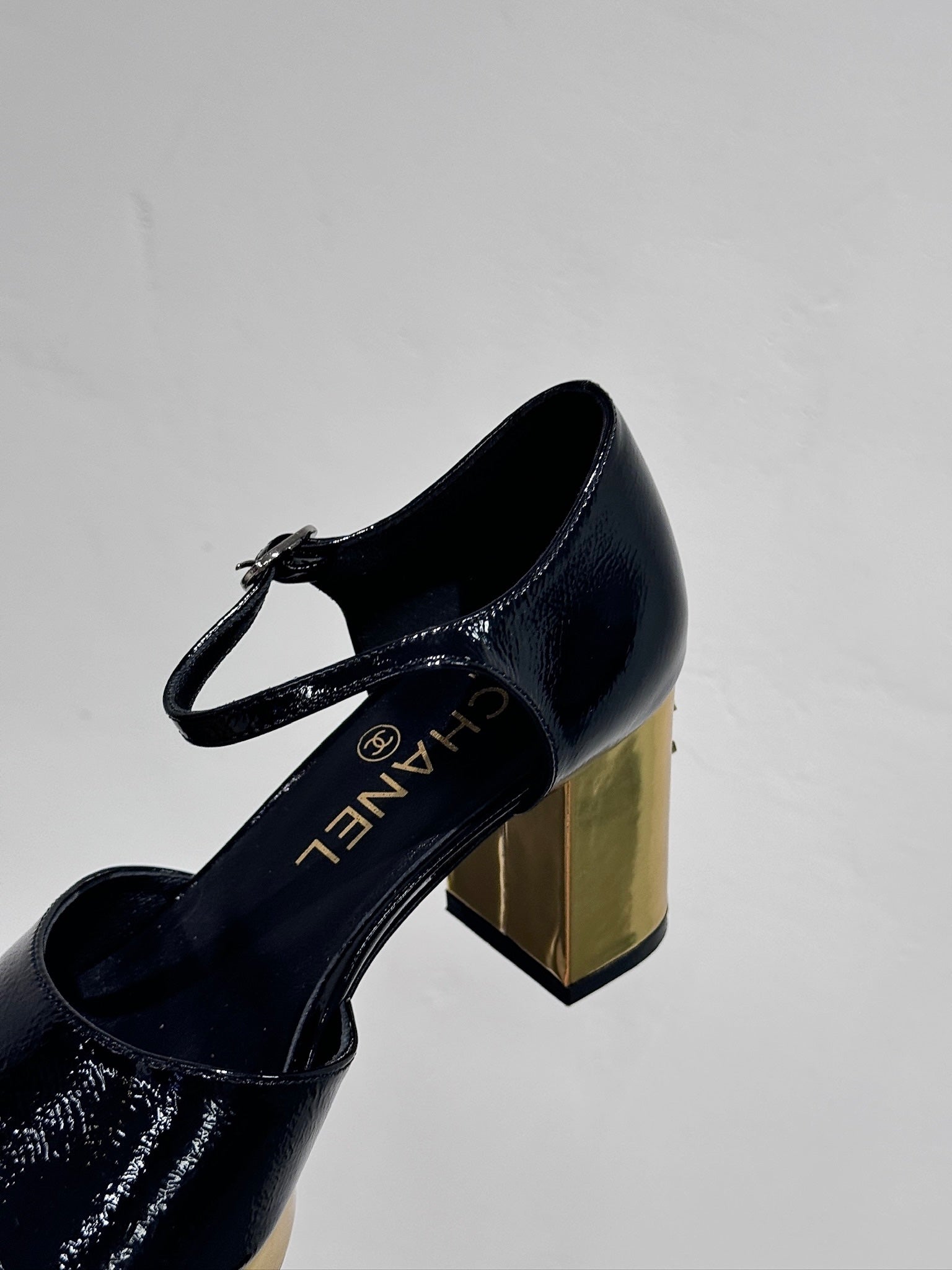 CHANEL BLOCK HEEL SANDALS BLACK SHEEPSKIN
