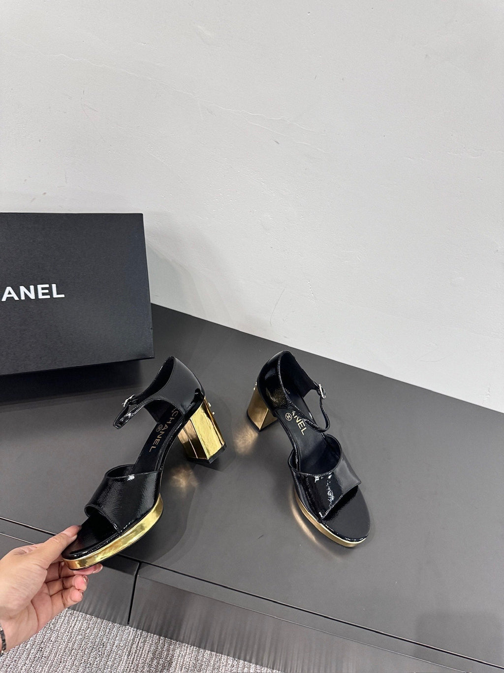 CHANEL BLOCK HEEL SANDALS BLACK SHEEPSKIN