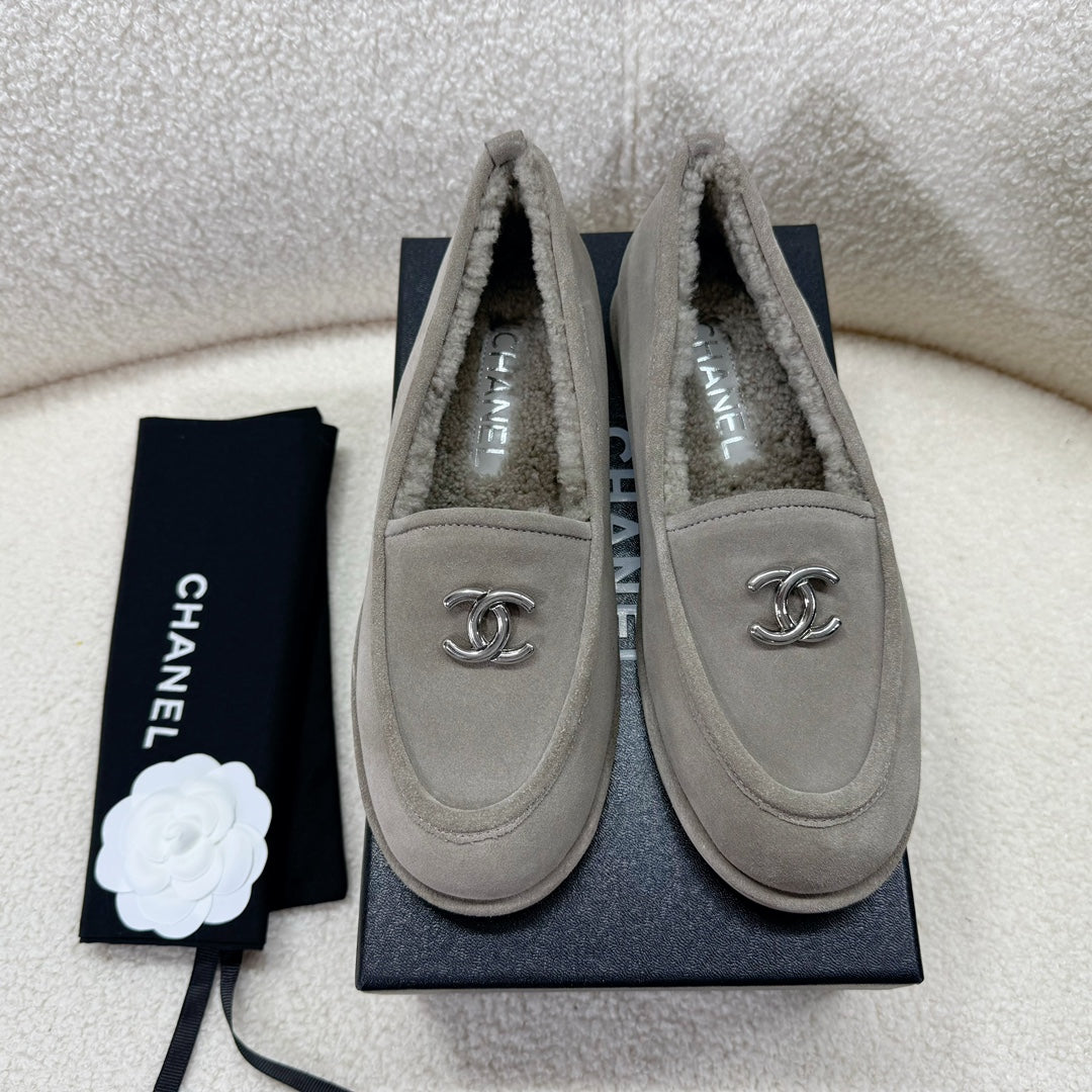 CHANEL LOAFER IN SMOKE GRAY SUEDE AND WOOL LINING