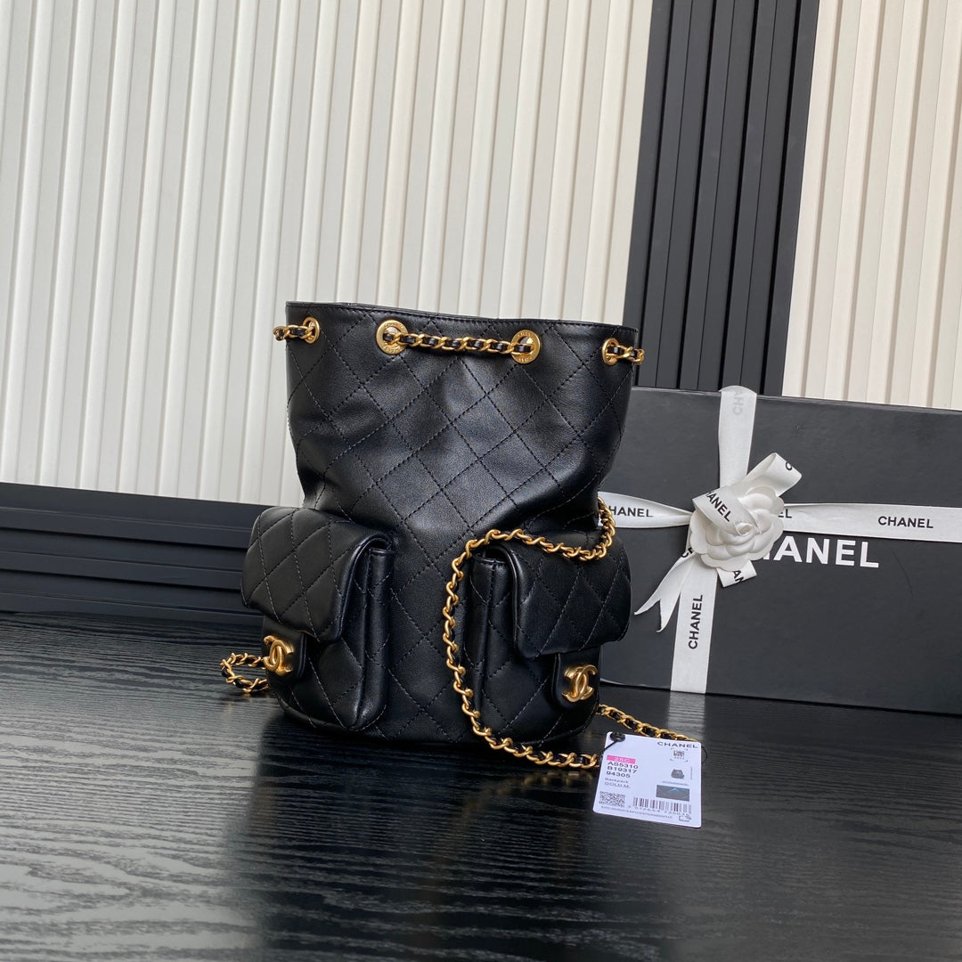 CHANEL BUCKET BACKPACK 24 IN BLACK LAMBSKIN GOLD HARDWARE