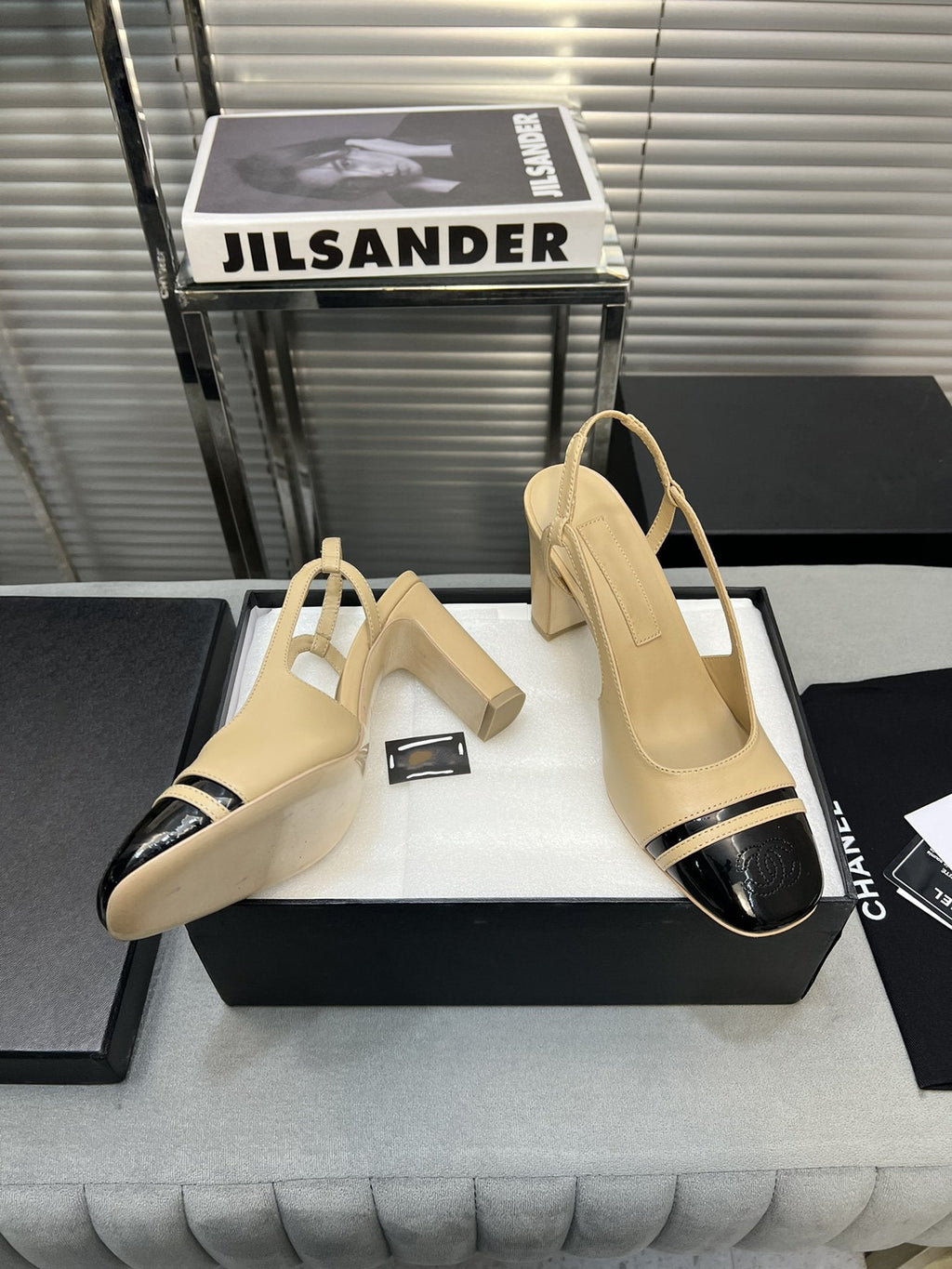 CHANEL slingback light beige suede silver metalic lambskin square toe 9.5