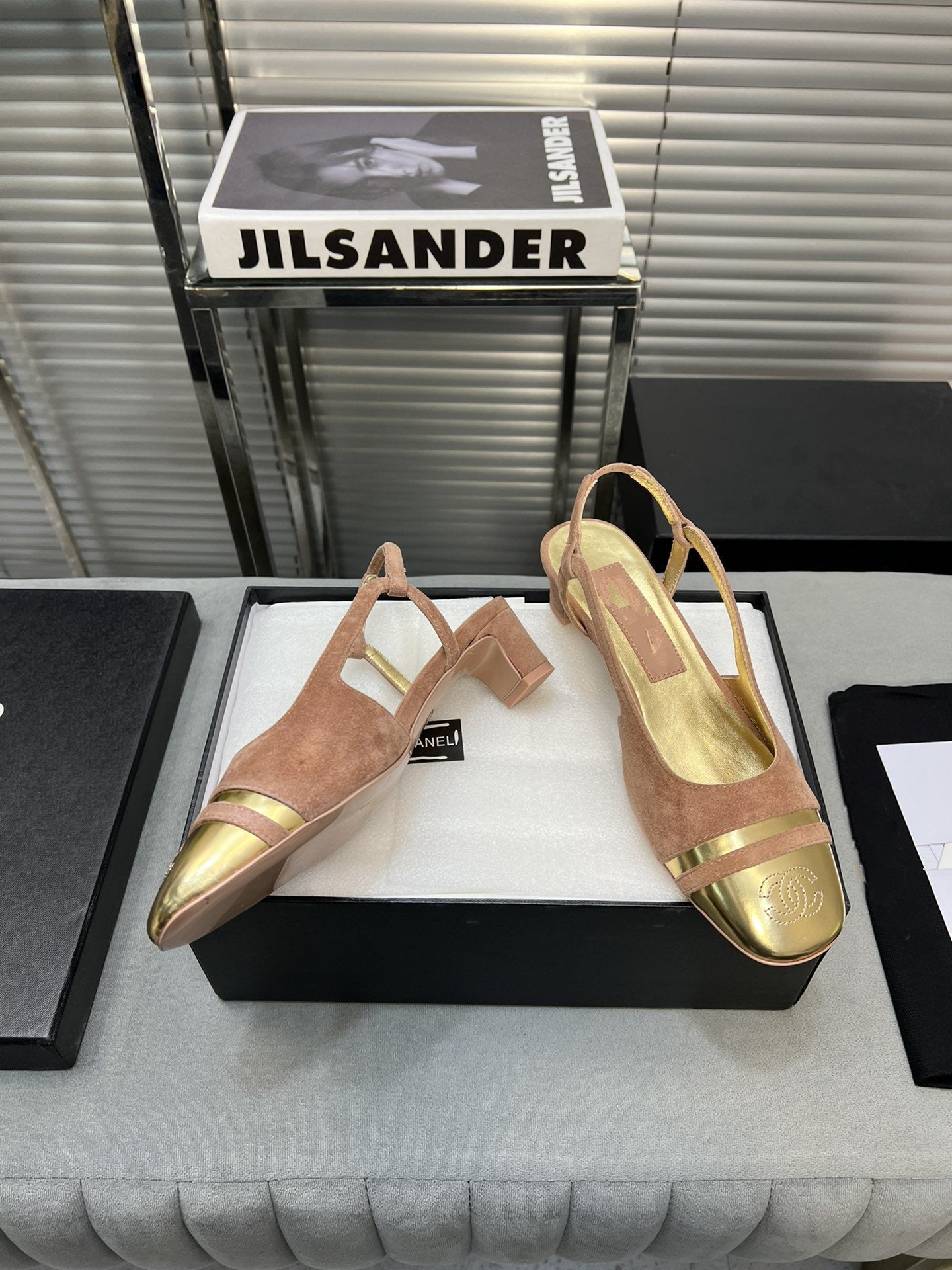 CHANEL slingback rose suede gold metalic lambskin square toe 5.0