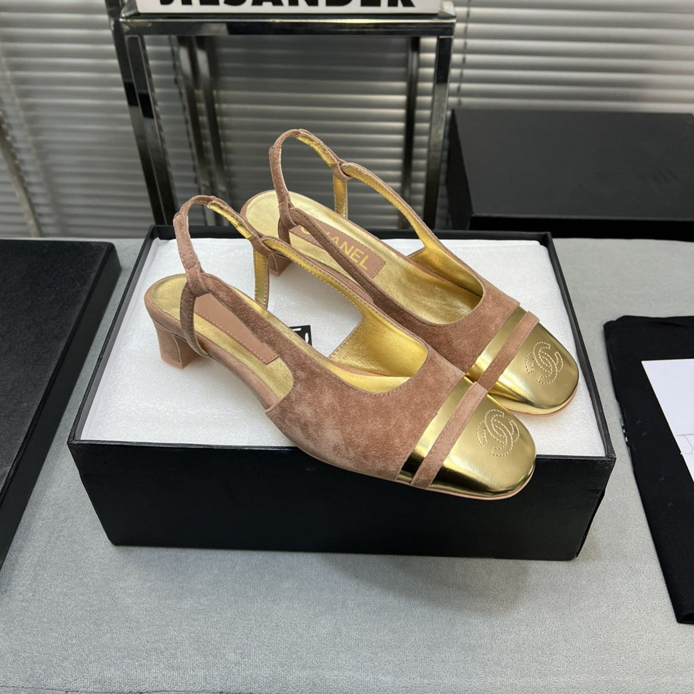 CHANEL slingback rose suede gold metalic lambskin square toe 5.0