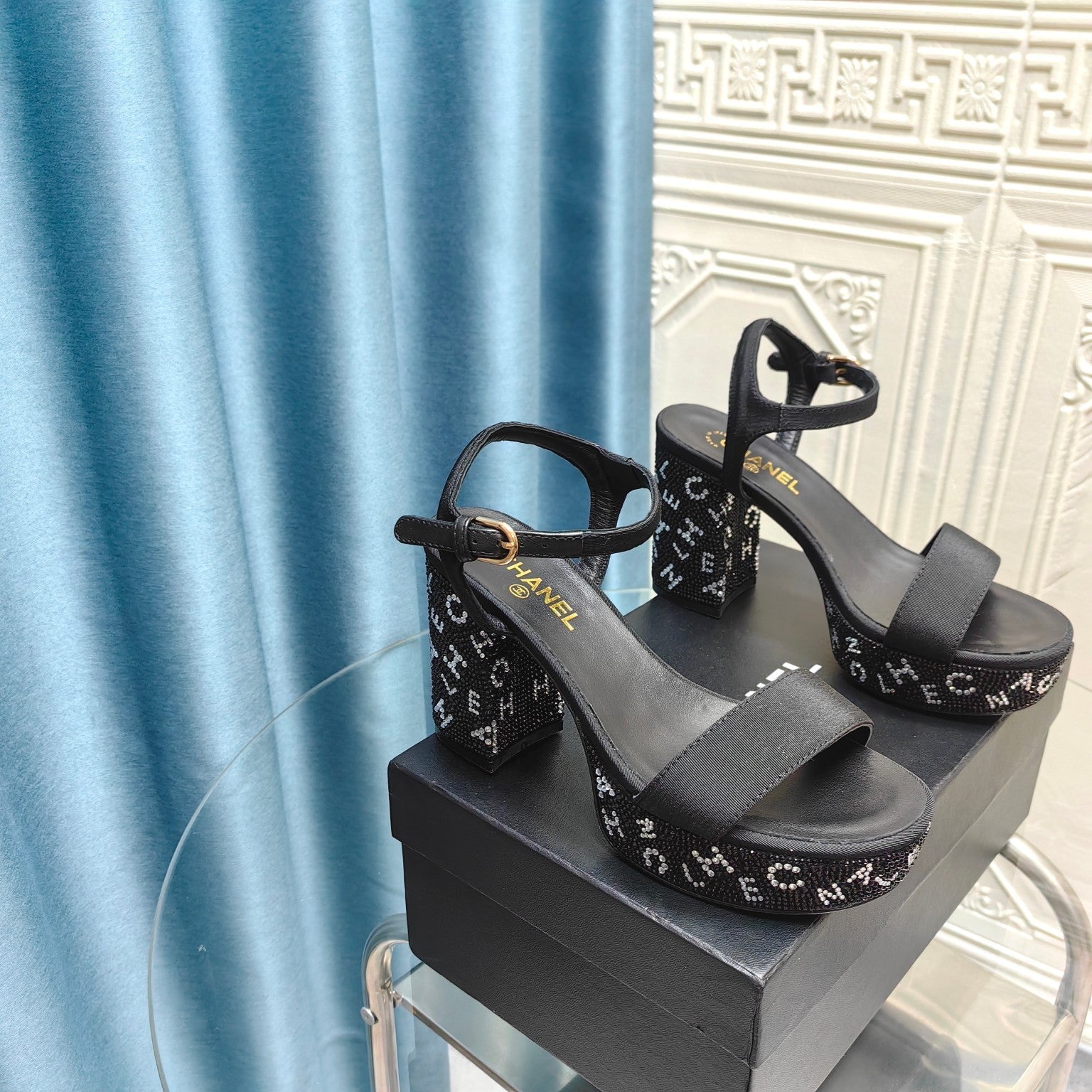 CHANEL Chunky Heel Rhinestone High Sandals Black Lambskin