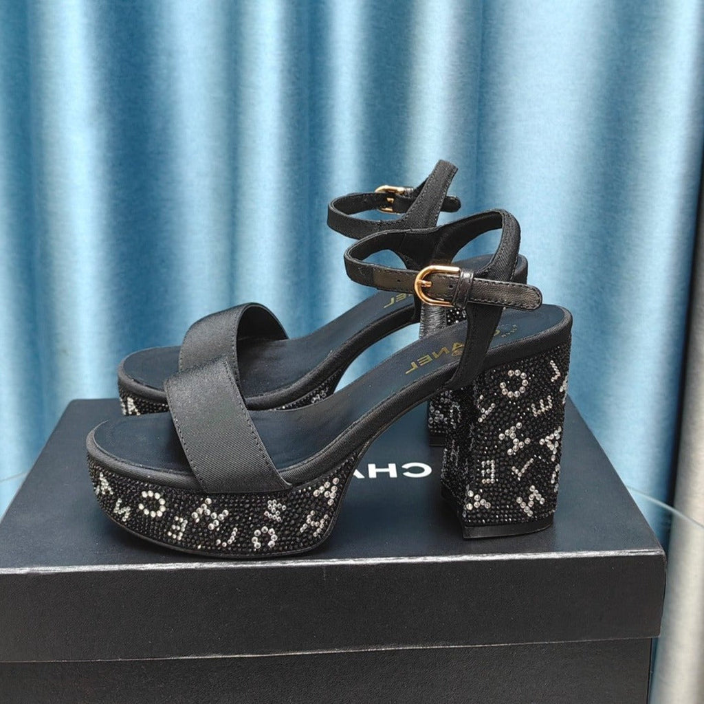 CHANEL Chunky Heel Rhinestone High Sandals Black Lambskin