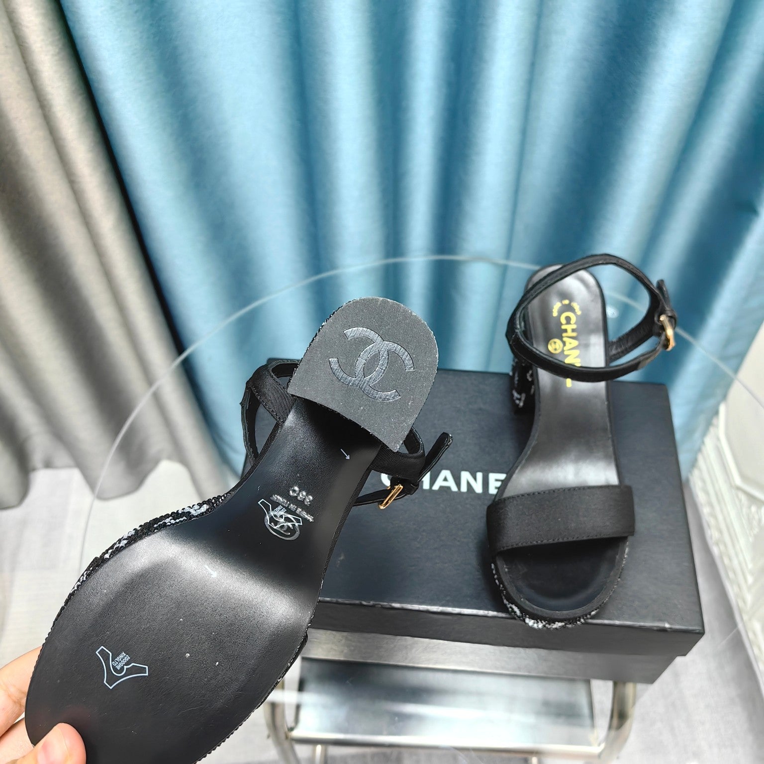 CHANEL Chunky Heel Rhinestone High Sandals Black Lambskin