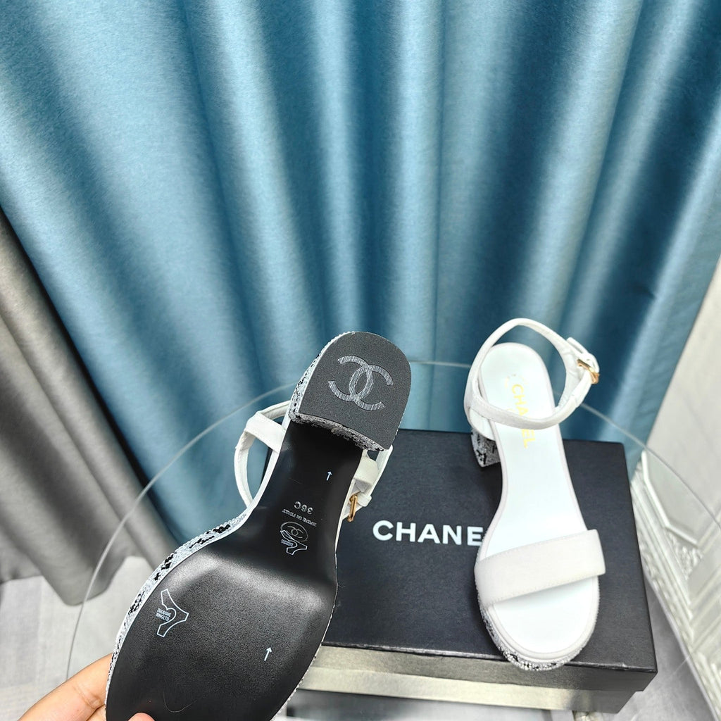 CHANEL Chunky Heel Rhinestone High Sandals White Lambskin