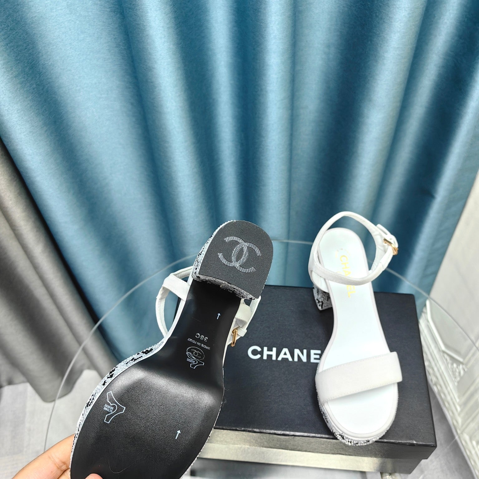 CHANEL Chunky Heel Rhinestone High Sandals White Lambskin