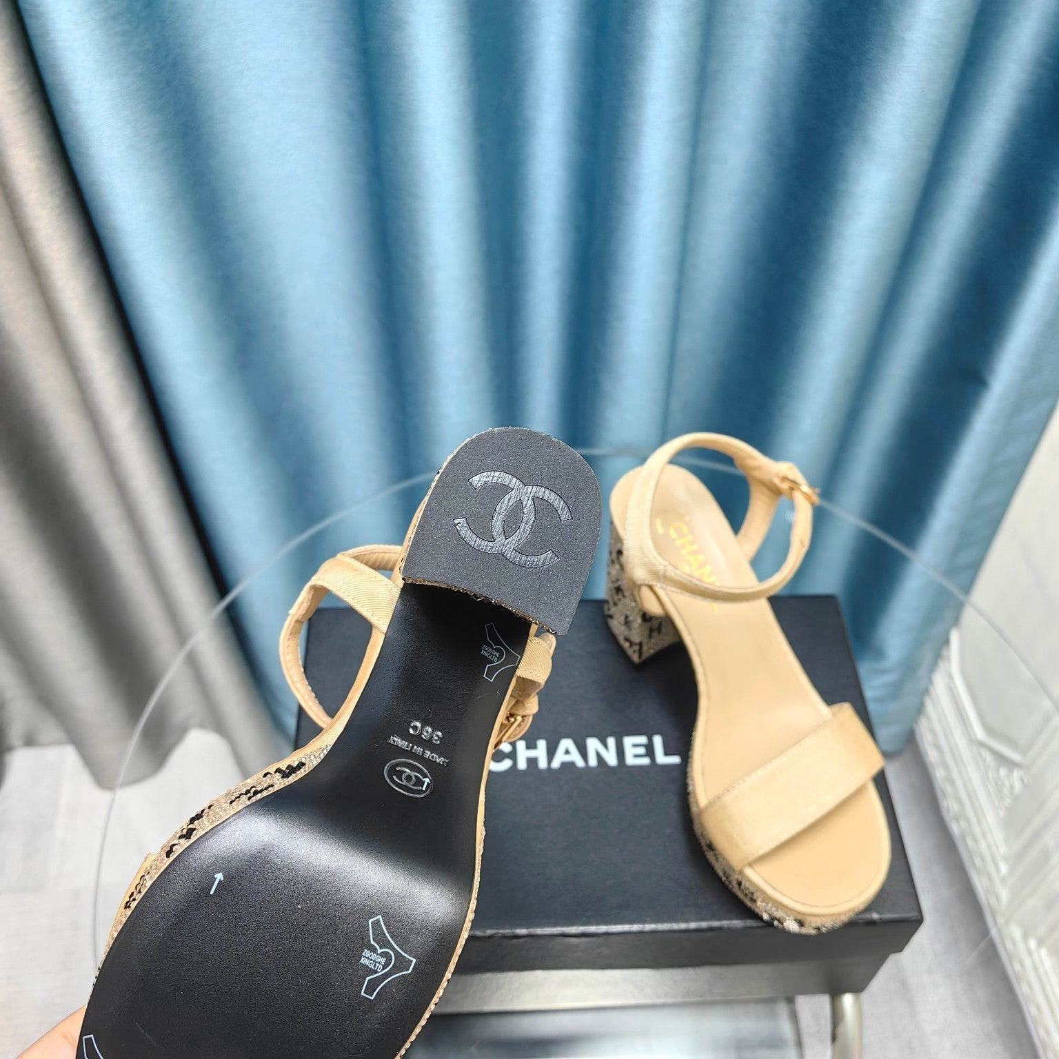 CHANEL Chunky Heel Rhinestone High Sandals Beige Cream Lambskin