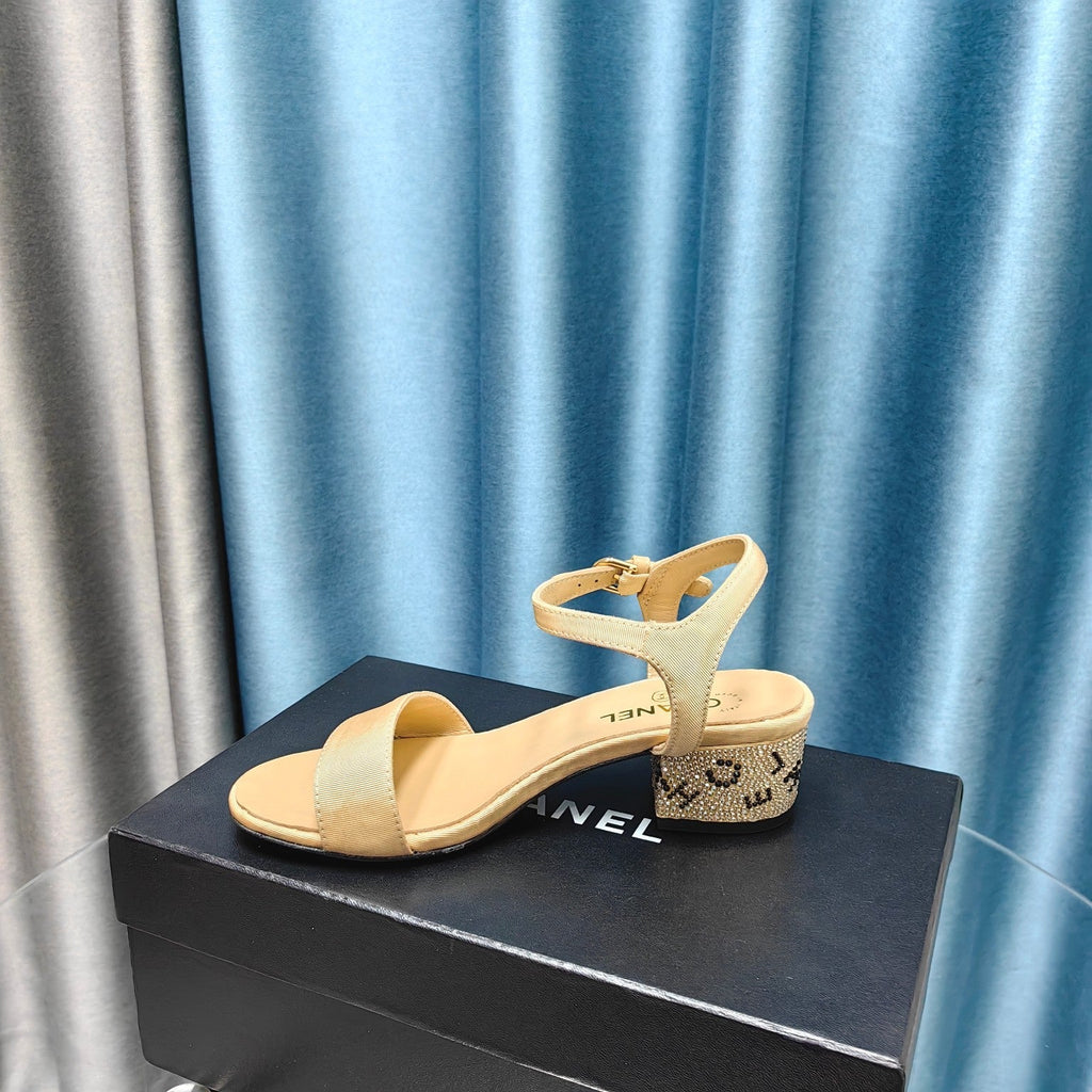 CHANEL Chunky Heel Rhinestone Sandals Beige Cream Lambskin