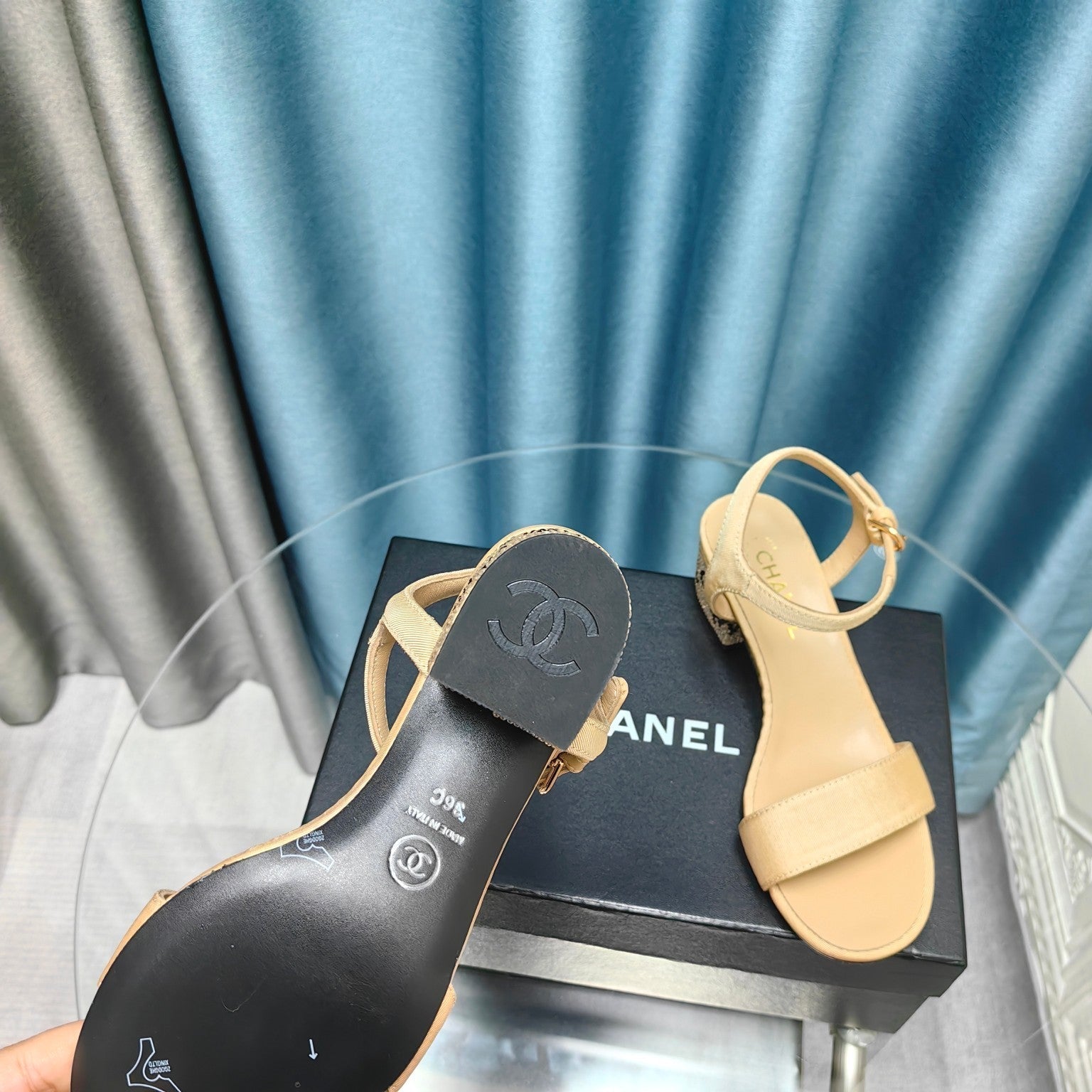 CHANEL Chunky Heel Rhinestone Sandals Beige Cream Lambskin