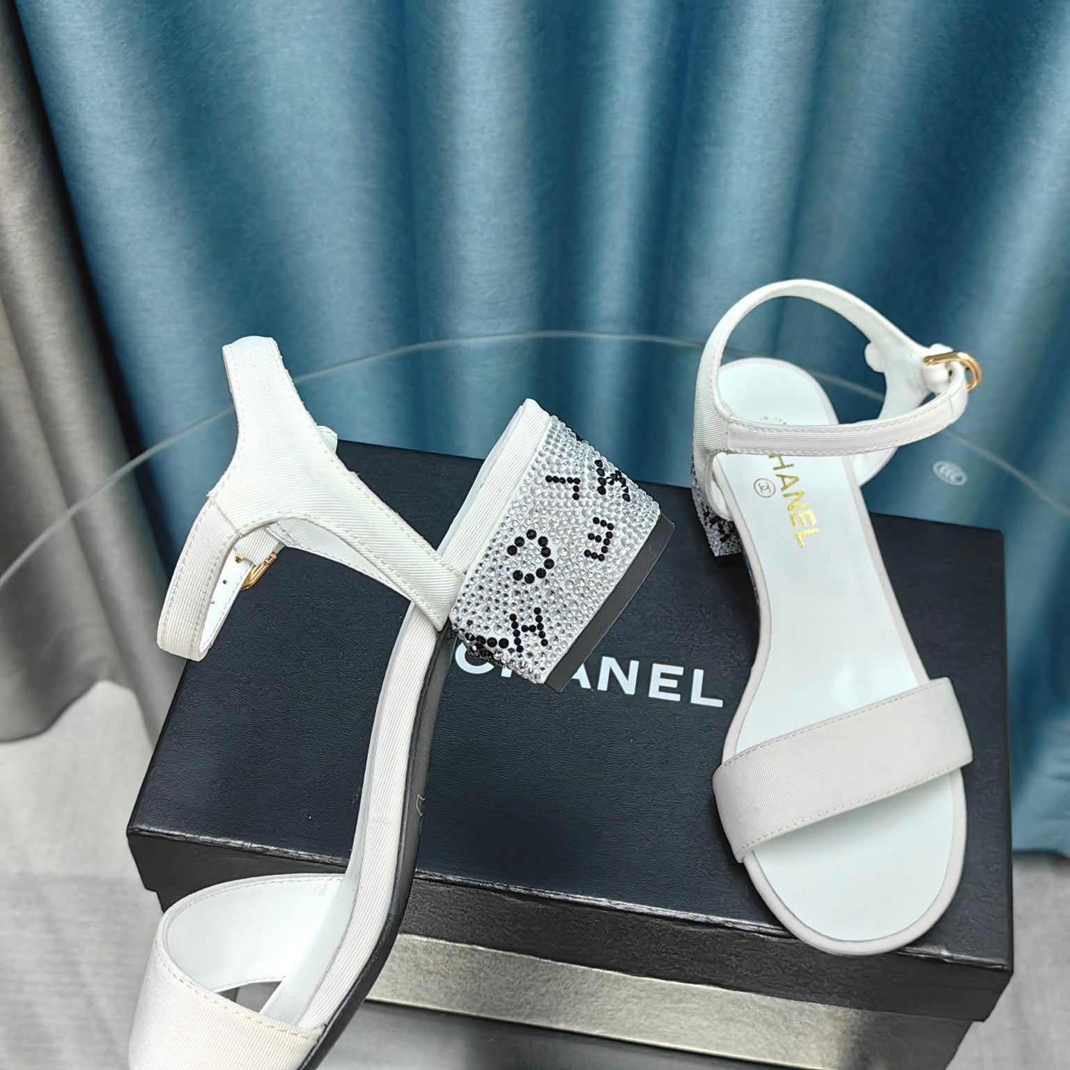 CHANEL Chunky Heel Rhinestone Sandals White Lambskin