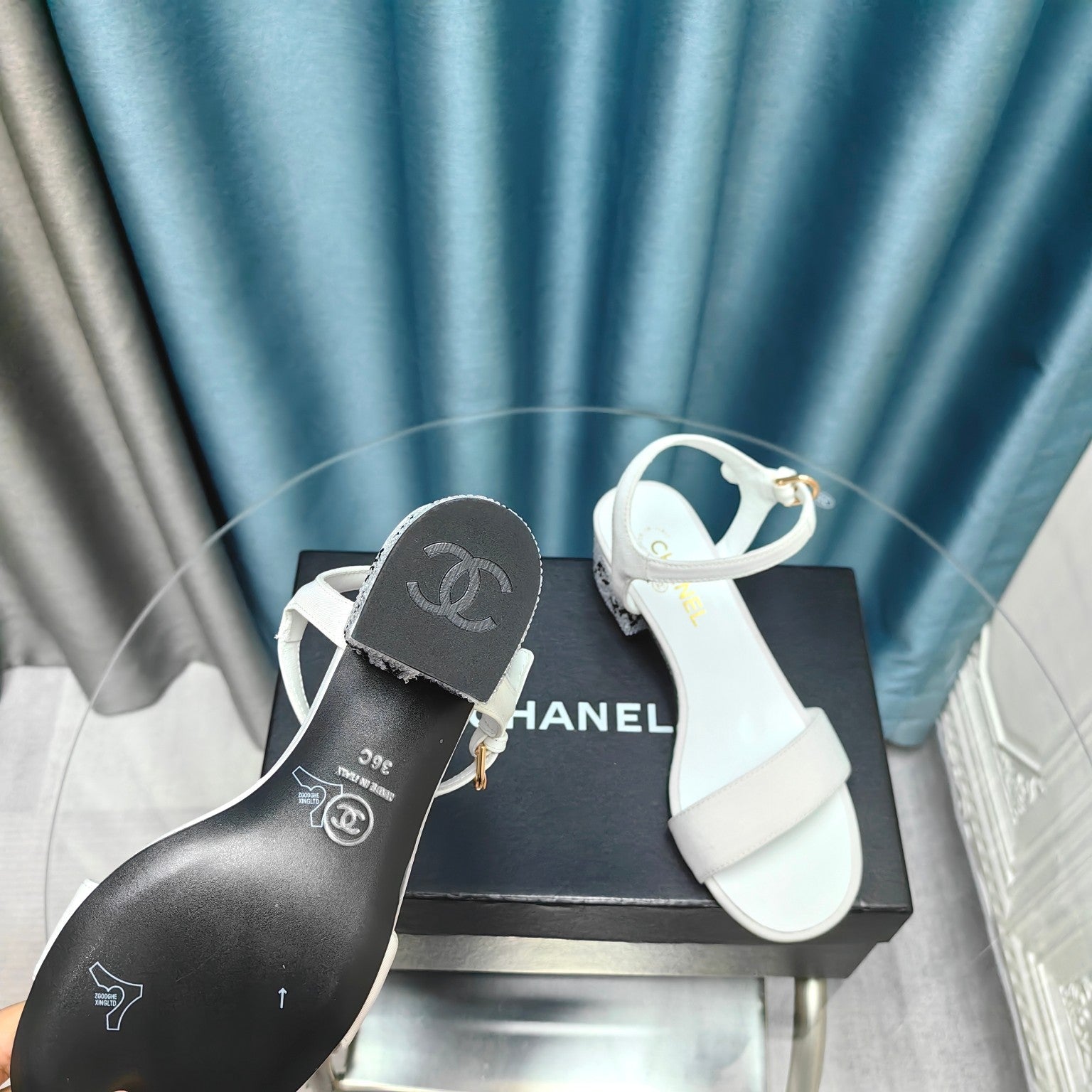 CHANEL Chunky Heel Rhinestone Sandals White Lambskin