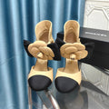 CHANEL HIGH HEELS IN DARK CREAM MIX BLACK SHEEPSKIN WITH FLOWER