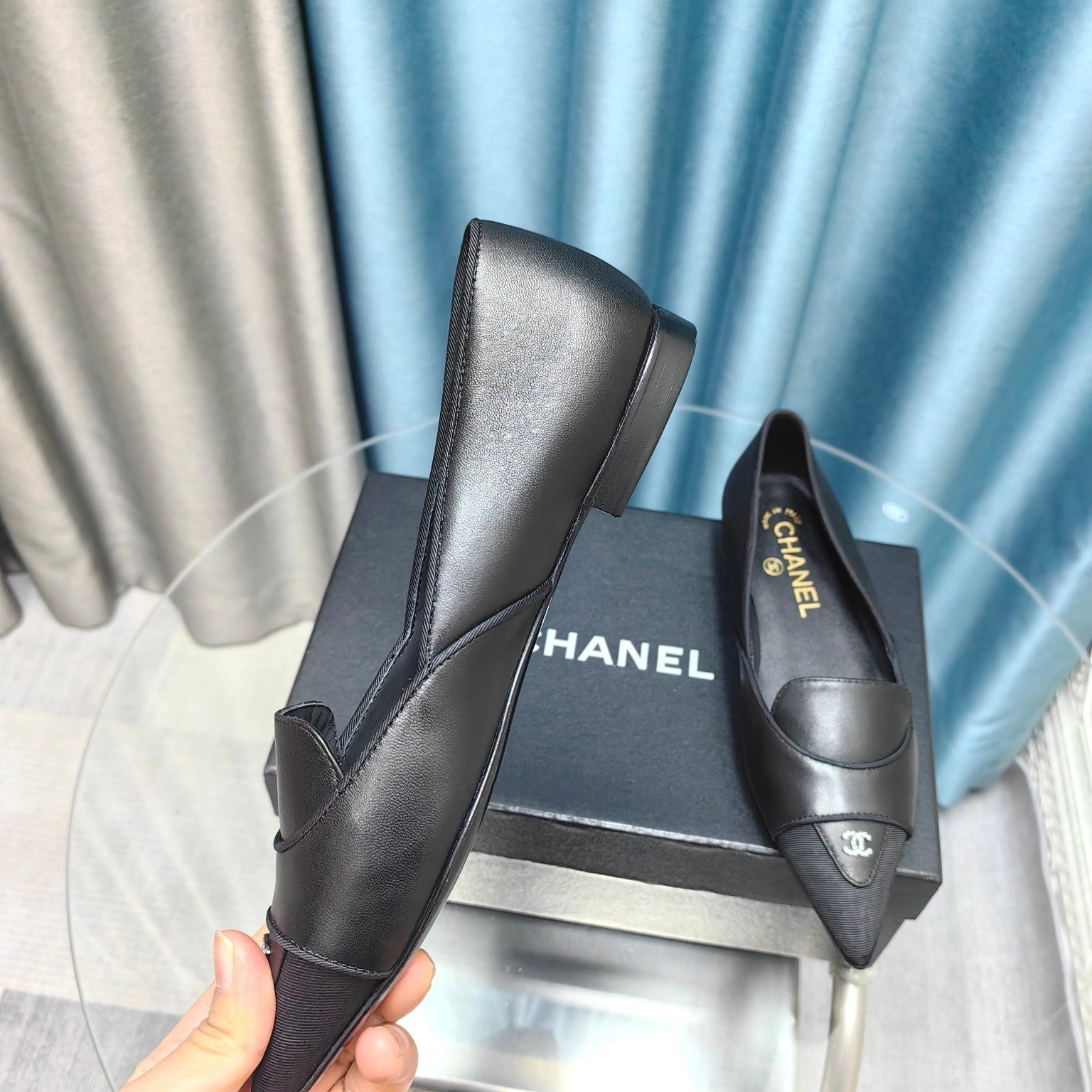 CHANEL BALLET FLAT BLACK SHEEPSKIN POINTED TOE