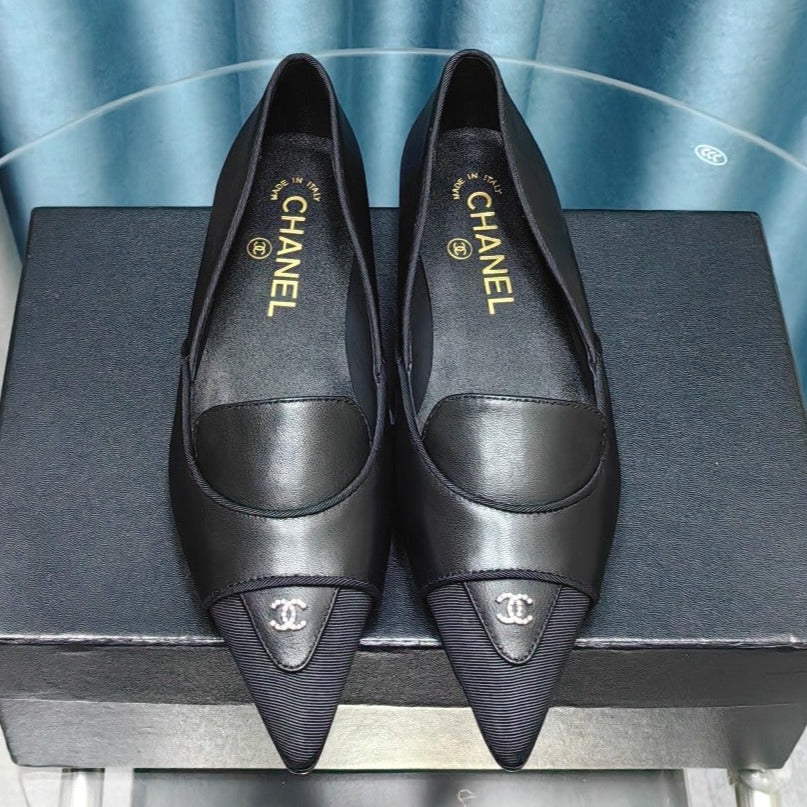 CHANEL BALLET FLAT BLACK SHEEPSKIN POINTED TOE