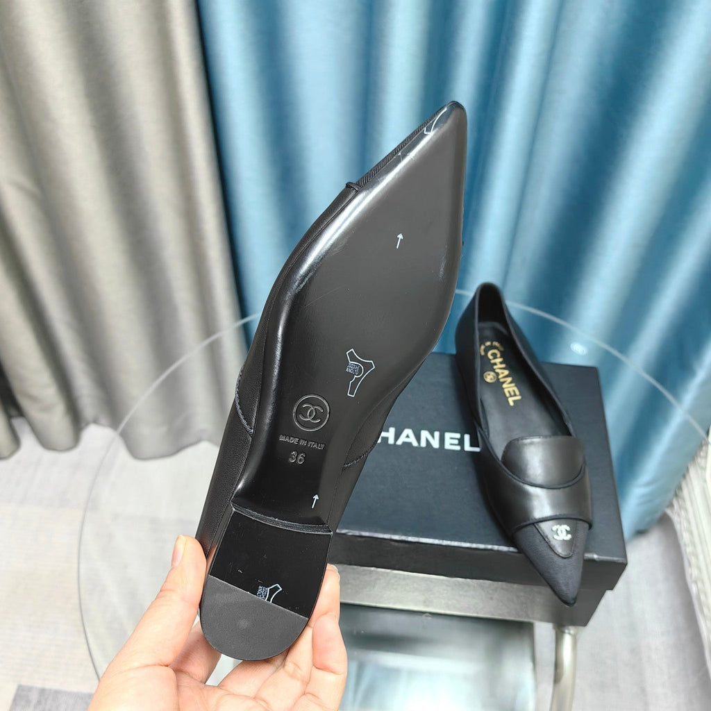 CHANEL BALLET FLAT BLACK SHEEPSKIN POINTED TOE